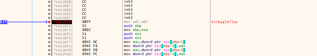 VirtualAlloc Breakpoint