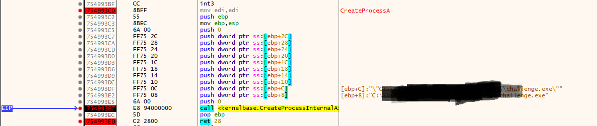CreateProcessA Breakpoint